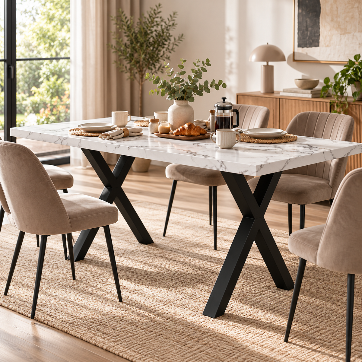 Rechthoekige Eettafel 140 x 80 x 76 cm – Marmerlook MDF Tafelblad – Zwarte Metalen X-Poten – Wit/Zwart