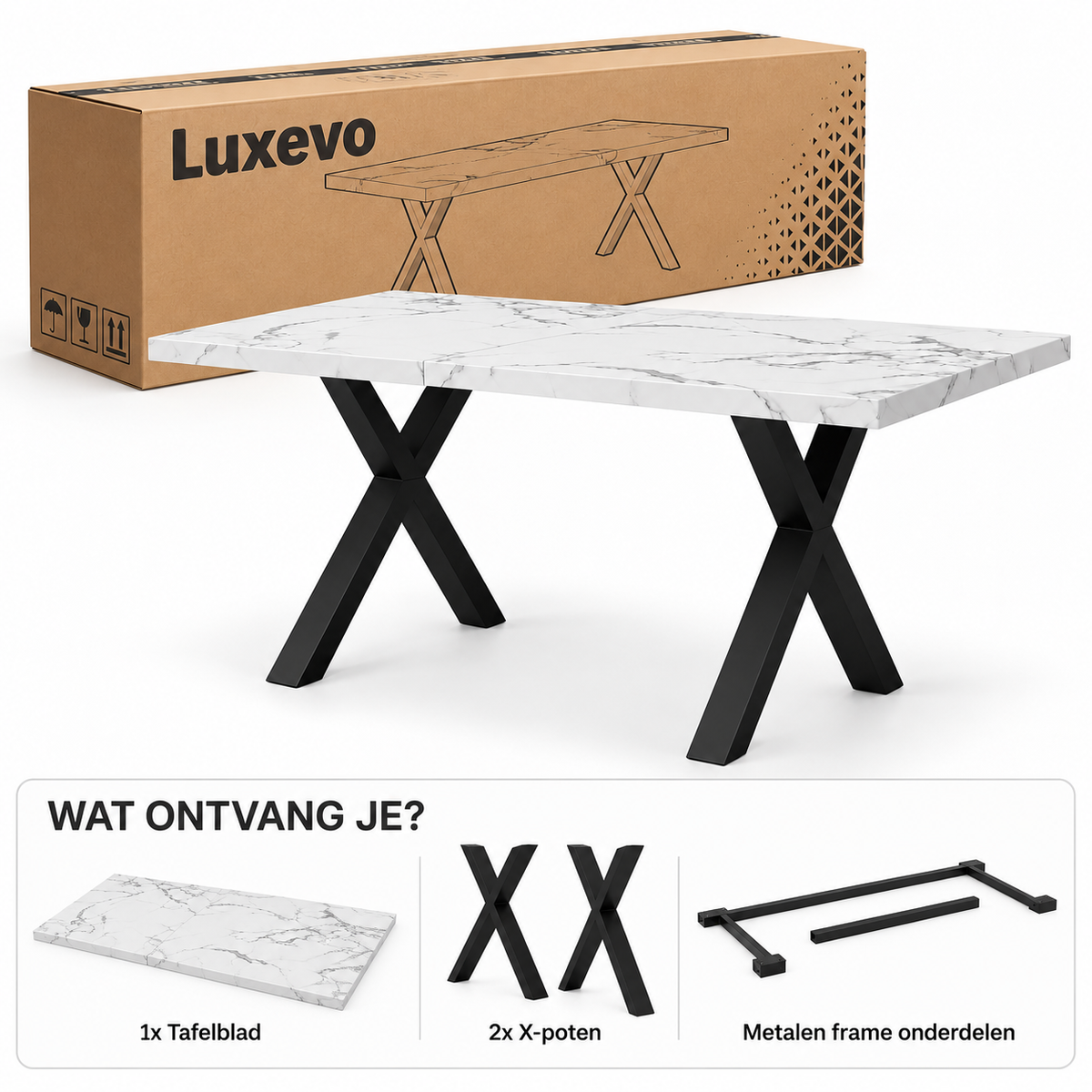 Rechthoekige Eettafel 140 x 80 x 76 cm – Marmerlook MDF Tafelblad – Zwarte Metalen X-Poten – Wit/Zwart