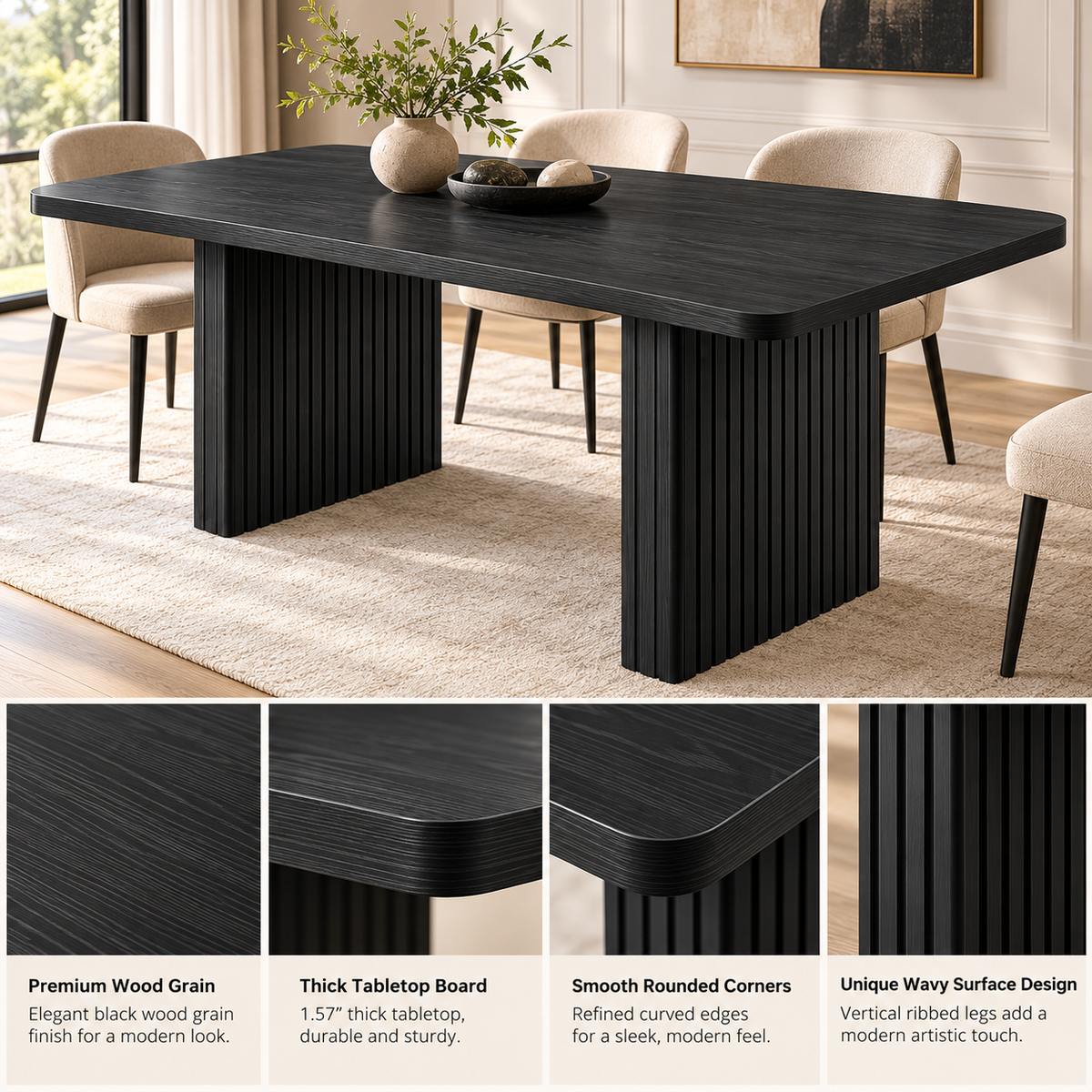 Rechthoekige Eettafel 180 x 80 x 75 cm – Zwarte Eettafel voor 6-8 Personen – Geribbelde Dubbele Poten – Dik Tafelblad – Moderne Keukentafel