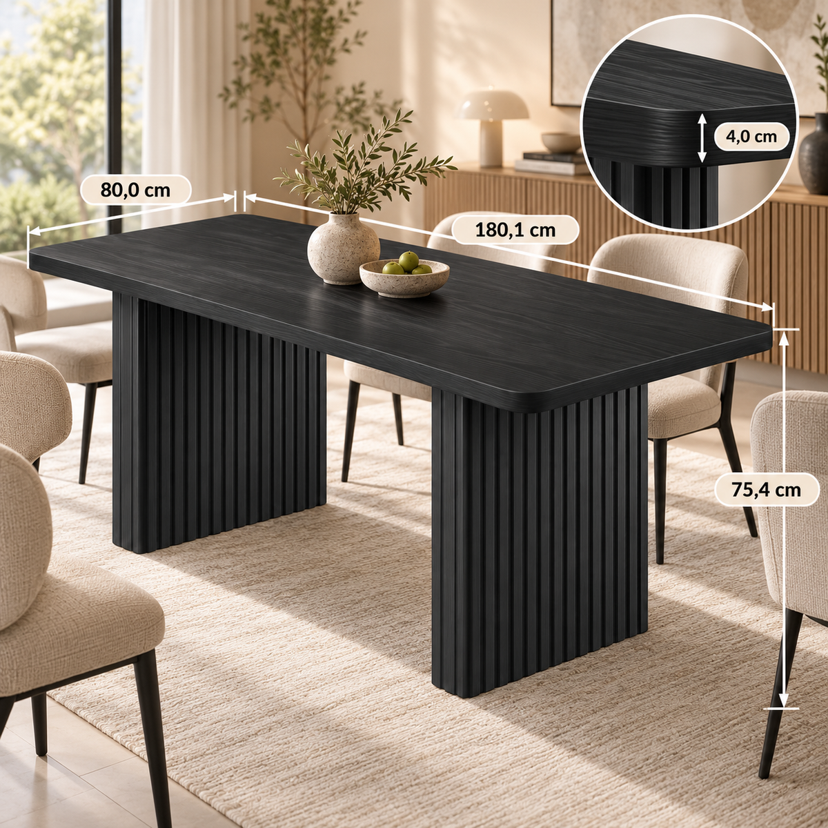 Rechthoekige Eettafel 180 x 80 x 75 cm – Zwarte Eettafel voor 6-8 Personen – Geribbelde Dubbele Poten – Dik Tafelblad – Moderne Keukentafel