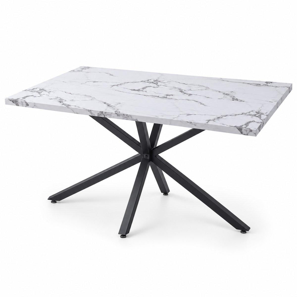 Eettafel 140 x 80 cm – Marmerlook Tafelblad van Gehard Glas – Zwart Metalen Spinonderstel – Rechthoekige Eetkamertafel voor 4-6 Personen – Wit/Zwart