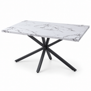 Eettafel 140 x 80 cm – Marmerlook Tafelblad van Gehard Glas – Zwart Metalen Spinonderstel – Rechthoekige Eetkamertafel voor 4-6 Personen – Wit/Zwart