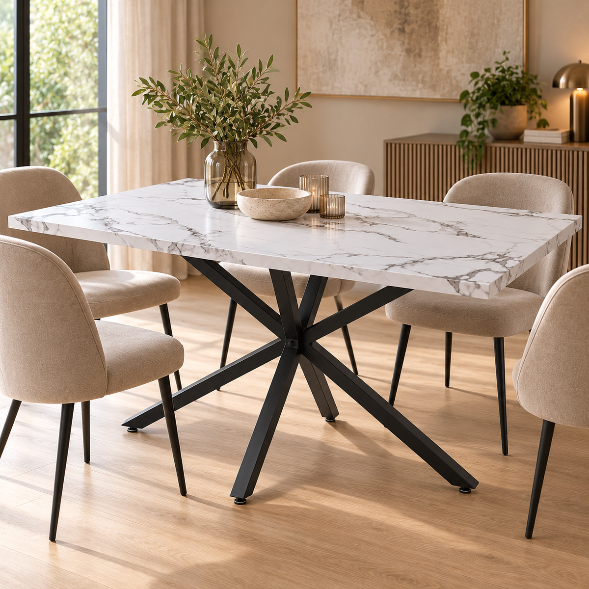 Eettafel 140 x 80 cm – Marmerlook Tafelblad van Gehard Glas – Zwart Metalen Spinonderstel – Rechthoekige Eetkamertafel voor 4-6 Personen – Wit/Zwart