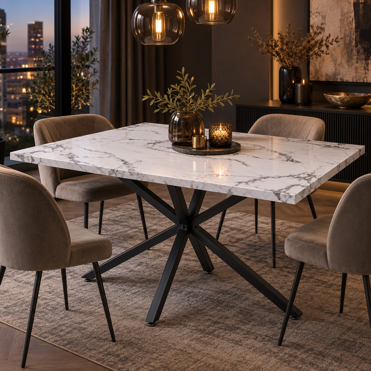 Eettafel 140 x 80 cm – Marmerlook Tafelblad van Gehard Glas – Zwart Metalen Spinonderstel – Rechthoekige Eetkamertafel voor 4-6 Personen – Wit/Zwart