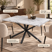 Eettafel 140 x 80 cm – Marmerlook Tafelblad van Gehard Glas – Zwart Metalen Spinonderstel – Rechthoekige Eetkamertafel voor 4-6 Personen – Wit/Zwart