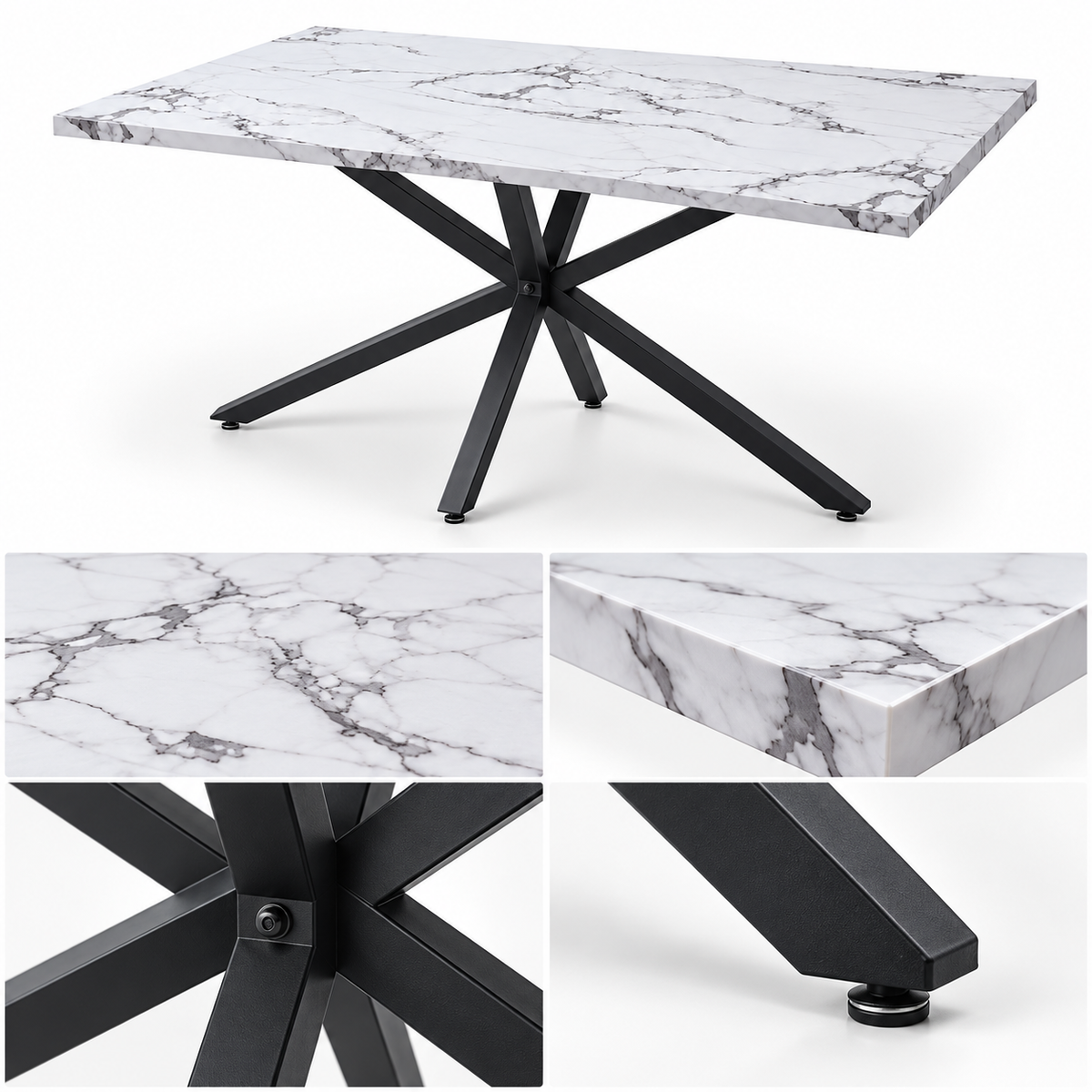 Eettafel 140 x 80 cm – Marmerlook Tafelblad van Gehard Glas – Zwart Metalen Spinonderstel – Rechthoekige Eetkamertafel voor 4-6 Personen – Wit/Zwart