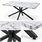 Eettafel 140 x 80 cm – Marmerlook Tafelblad van Gehard Glas – Zwart Metalen Spinonderstel – Rechthoekige Eetkamertafel voor 4-6 Personen – Wit/Zwart