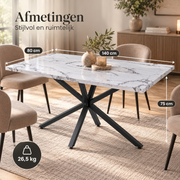 Eettafel 140 x 80 cm – Marmerlook Tafelblad van Gehard Glas – Zwart Metalen Spinonderstel – Rechthoekige Eetkamertafel voor 4-6 Personen – Wit/Zwart