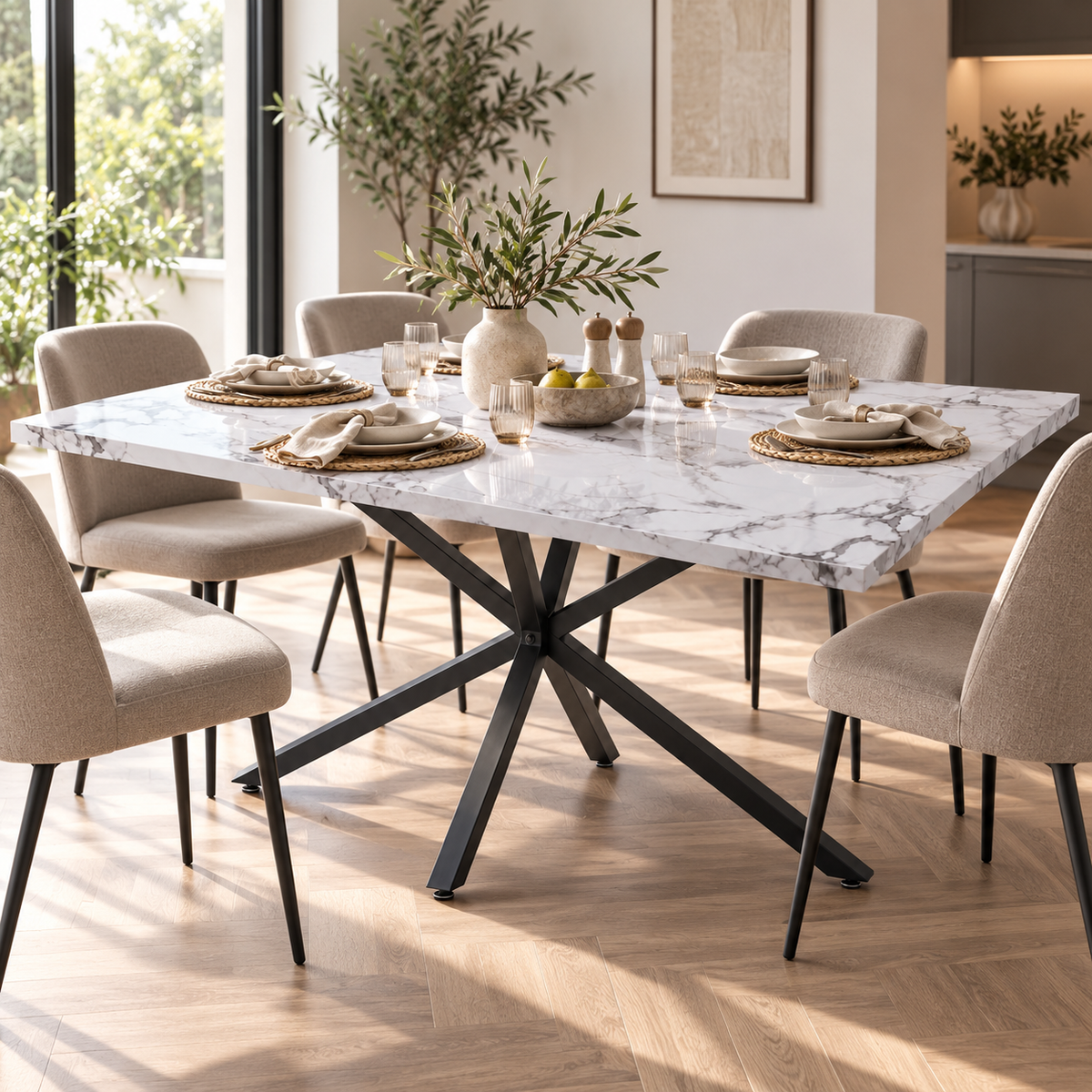 Eettafel 140 x 80 cm – Marmerlook Tafelblad van Gehard Glas – Zwart Metalen Spinonderstel – Rechthoekige Eetkamertafel voor 4-6 Personen – Wit/Zwart