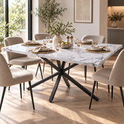 Eettafel 140 x 80 cm – Marmerlook Tafelblad van Gehard Glas – Zwart Metalen Spinonderstel – Rechthoekige Eetkamertafel voor 4-6 Personen – Wit/Zwart