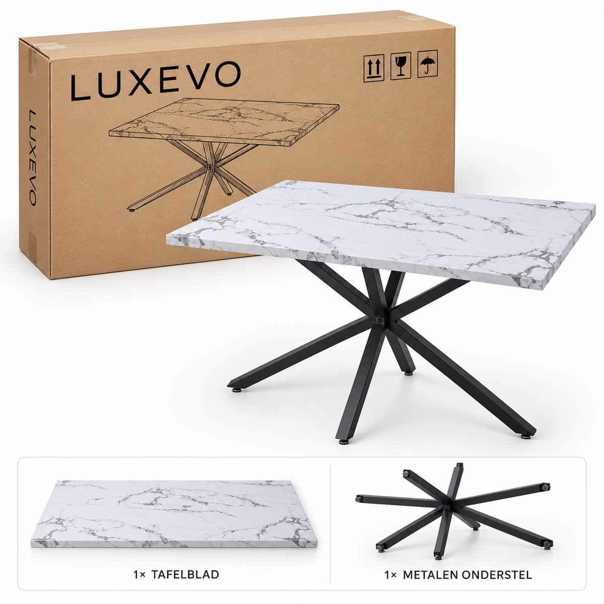 Eettafel 140 x 80 cm – Marmerlook Tafelblad van Gehard Glas – Zwart Metalen Spinonderstel – Rechthoekige Eetkamertafel voor 4-6 Personen – Wit/Zwart