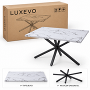 Eettafel 140 x 80 cm – Marmerlook Tafelblad van Gehard Glas – Zwart Metalen Spinonderstel – Rechthoekige Eetkamertafel voor 4-6 Personen – Wit/Zwart