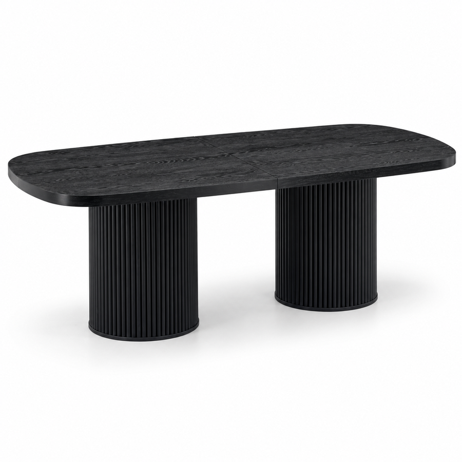 Ovale Eettafel 180 x 90 cm – Zwarte Houtlook – Geribbelde Cilinderpoten – MDF – Eettafel voor 6-8 Personen