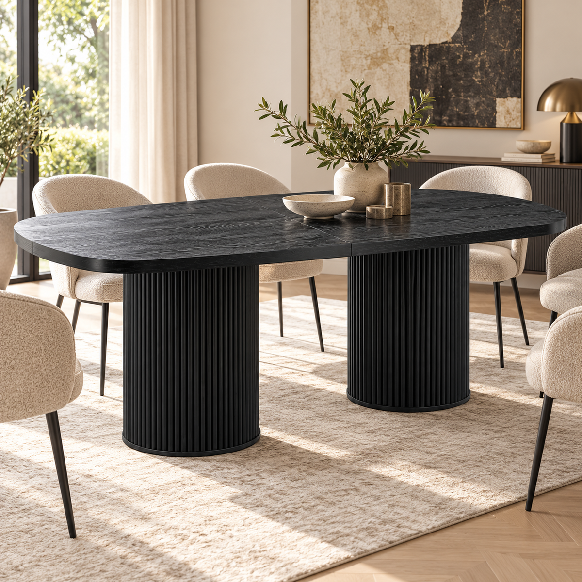 Ovale Eettafel 180 x 90 cm – Zwarte Houtlook – Geribbelde Cilinderpoten – MDF – Eettafel voor 6-8 Personen