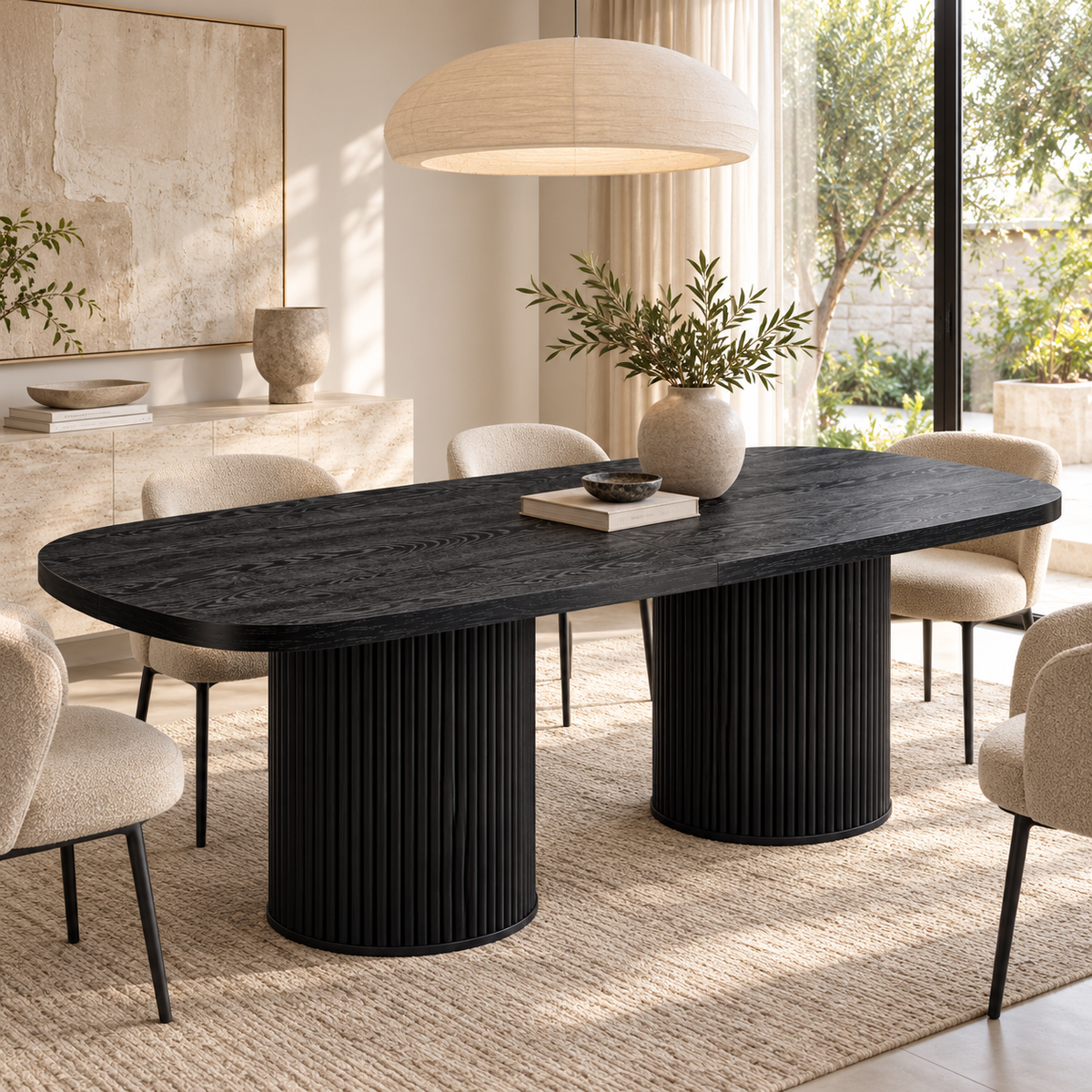 Ovale Eettafel 180 x 90 cm – Zwarte Houtlook – Geribbelde Cilinderpoten – MDF – Eettafel voor 6-8 Personen