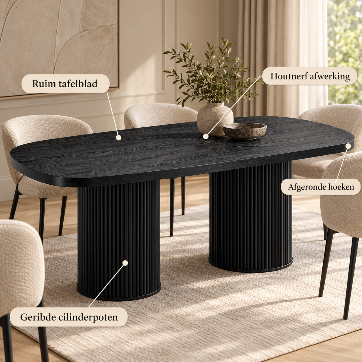 Ovale Eettafel 180 x 90 cm – Zwarte Houtlook – Geribbelde Cilinderpoten – MDF – Eettafel voor 6-8 Personen