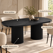 Ovale Eettafel 180 x 90 cm – Zwarte Houtlook – Geribbelde Cilinderpoten – MDF – Eettafel voor 6-8 Personen