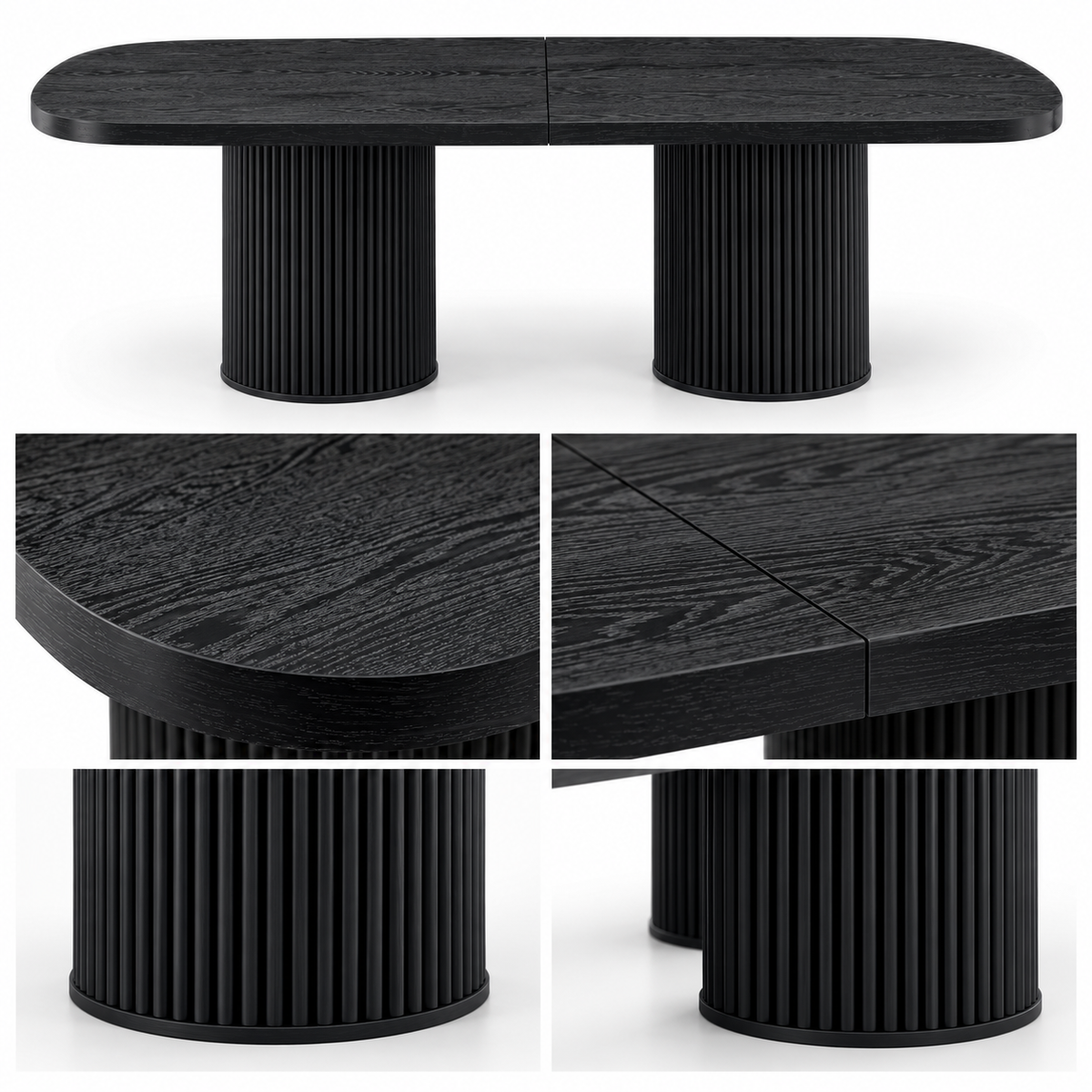 Ovale Eettafel 180 x 90 cm – Zwarte Houtlook – Geribbelde Cilinderpoten – MDF – Eettafel voor 6-8 Personen