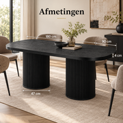Ovale Eettafel 180 x 90 cm – Zwarte Houtlook – Geribbelde Cilinderpoten – MDF – Eettafel voor 6-8 Personen