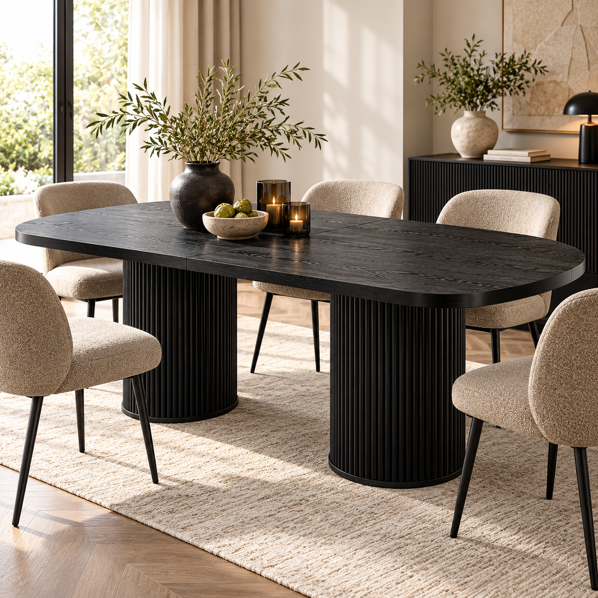 Ovale Eettafel 180 x 90 cm – Zwarte Houtlook – Geribbelde Cilinderpoten – MDF – Eettafel voor 6-8 Personen