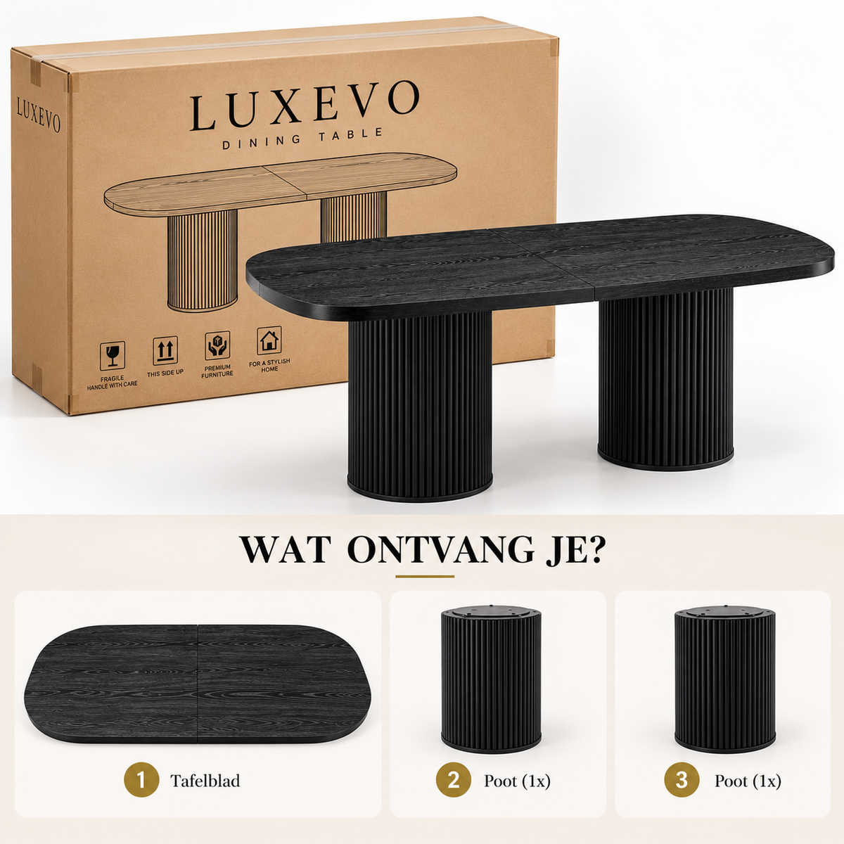 Ovale Eettafel 180 x 90 cm – Zwarte Houtlook – Geribbelde Cilinderpoten – MDF – Eettafel voor 6-8 Personen