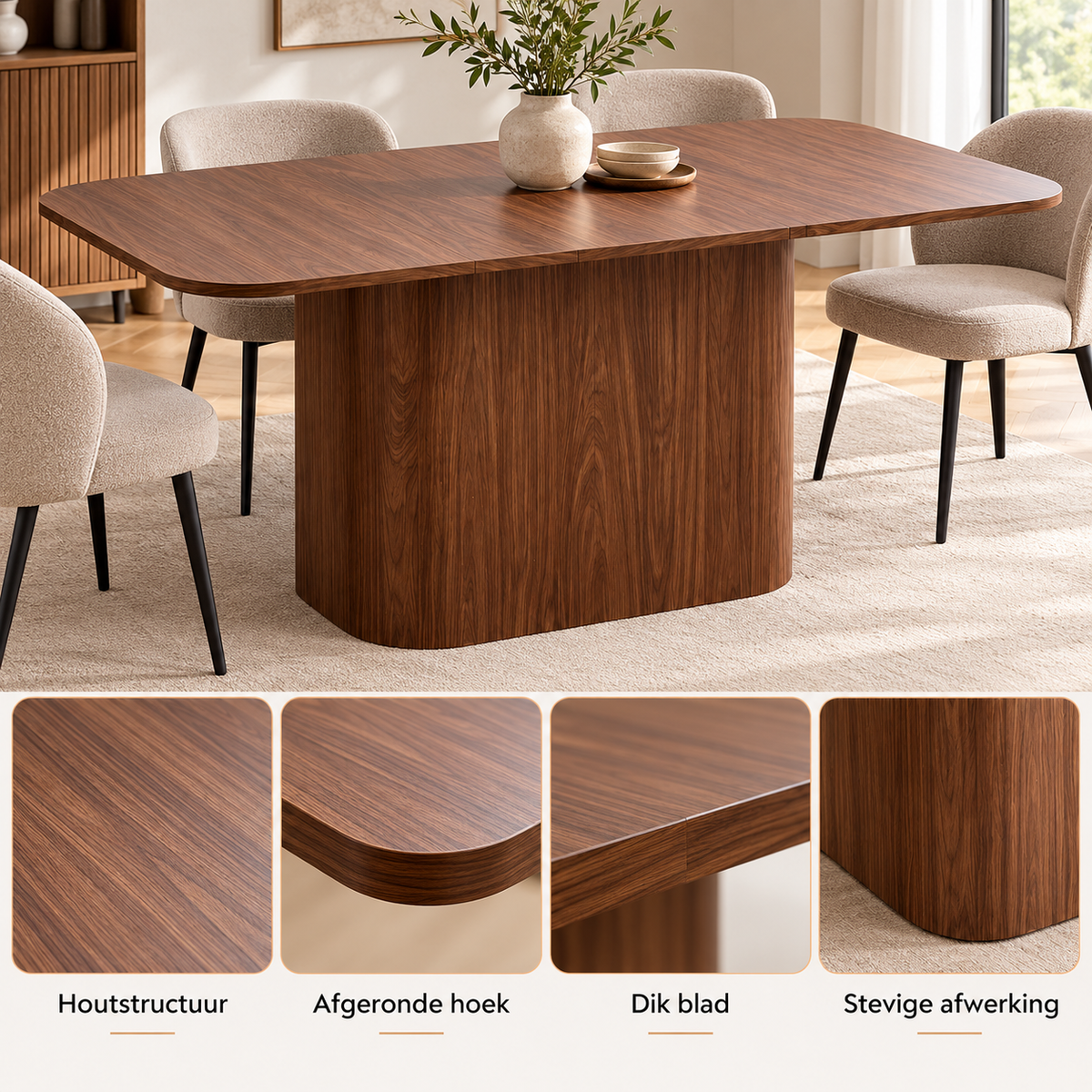 Eettafel 160 x 90 cm – Scandinavische Eettafel voor 4-6 Personen – Donker Houtlook – Afgeronde Hoeken – MDF – 75,5 cm Hoog