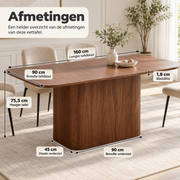 Eettafel 160 x 90 cm – Scandinavische Eettafel voor 4-6 Personen – Donker Houtlook – Afgeronde Hoeken – MDF – 75,5 cm Hoog