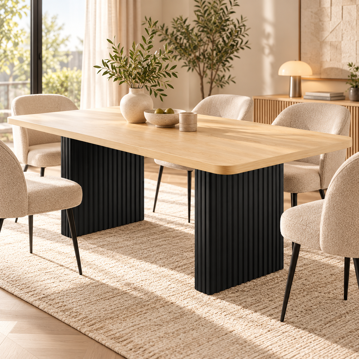 Rechthoekige Eettafel 180 x 80 x 75 cm – Houtkleur met Zwarte Geribbelde Poten – Eettafel voor 6-8 Personen – Dik Tafelblad – Moderne Keukentafel