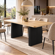 Rechthoekige Eettafel 180 x 80 x 75 cm – Houtkleur met Zwarte Geribbelde Poten – Eettafel voor 6-8 Personen – Dik Tafelblad – Moderne Keukentafel