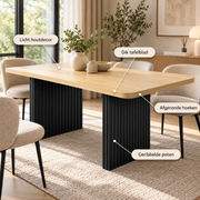 Rechthoekige Eettafel 180 x 80 x 75 cm – Houtkleur met Zwarte Geribbelde Poten – Eettafel voor 6-8 Personen – Dik Tafelblad – Moderne Keukentafel