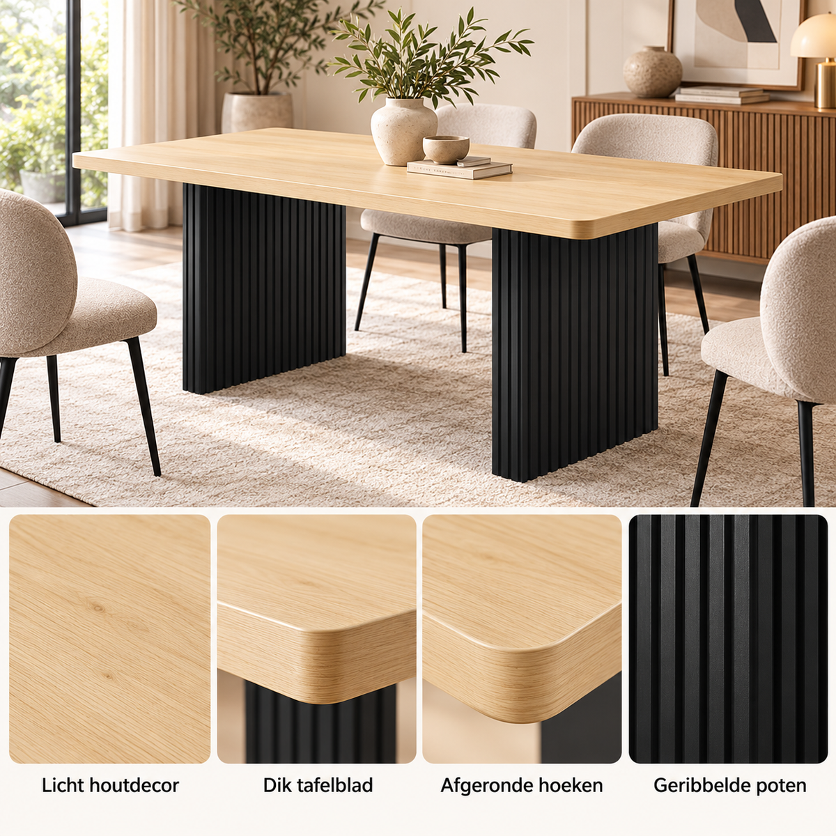 Rechthoekige Eettafel 180 x 80 x 75 cm – Houtkleur met Zwarte Geribbelde Poten – Eettafel voor 6-8 Personen – Dik Tafelblad – Moderne Keukentafel