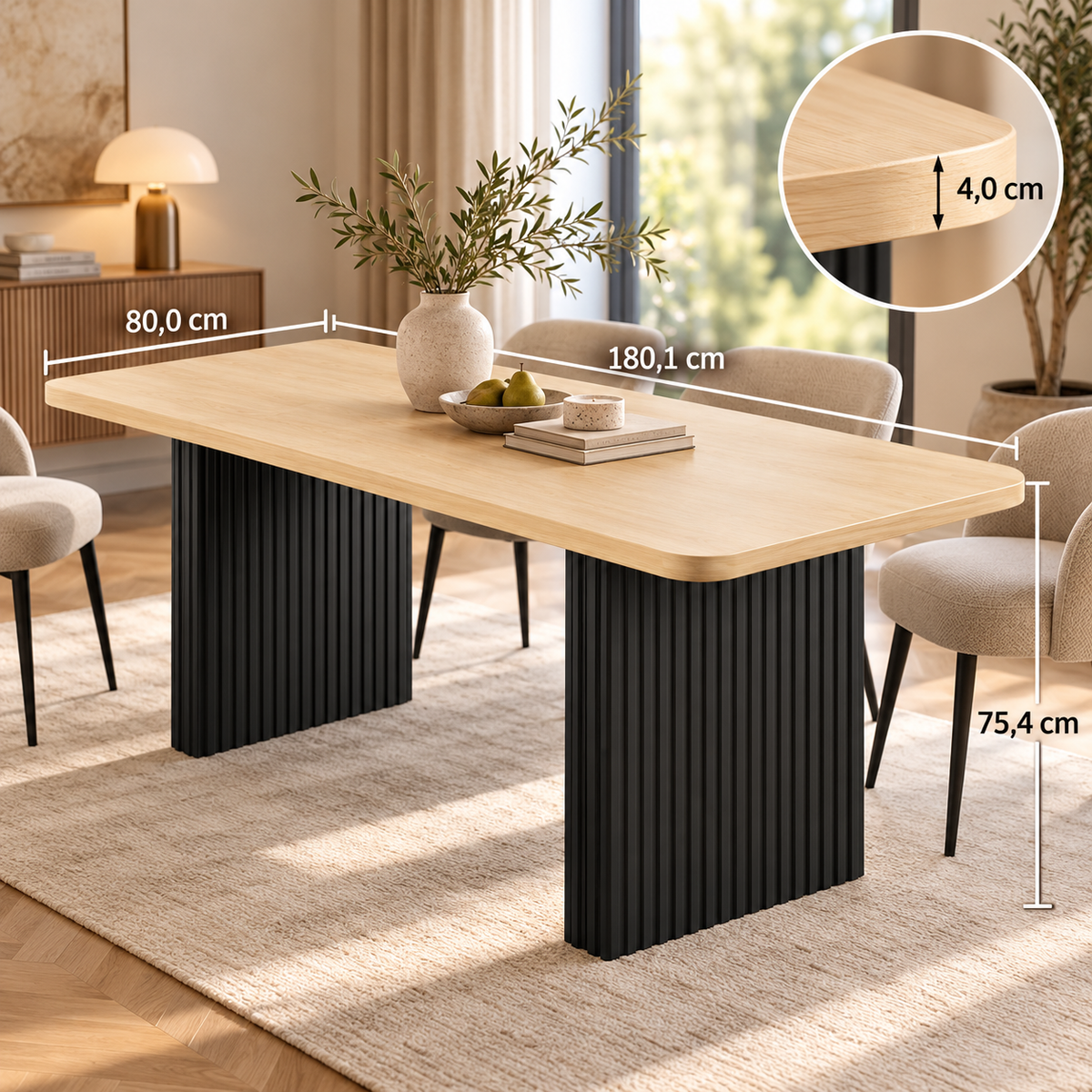Rechthoekige Eettafel 180 x 80 x 75 cm – Houtkleur met Zwarte Geribbelde Poten – Eettafel voor 6-8 Personen – Dik Tafelblad – Moderne Keukentafel