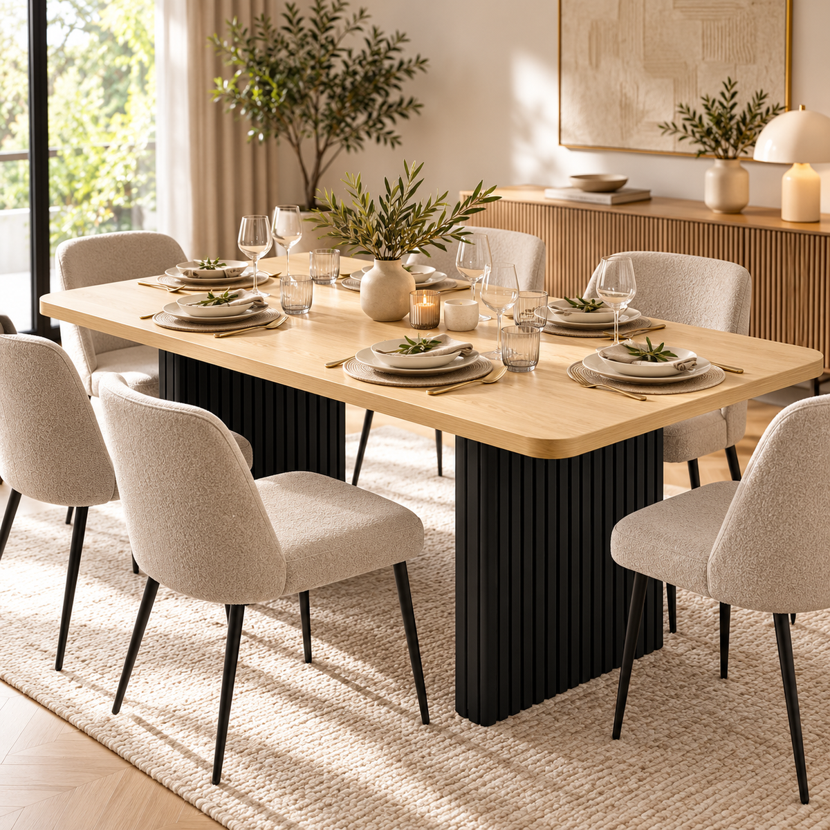 Rechthoekige Eettafel 180 x 80 x 75 cm – Houtkleur met Zwarte Geribbelde Poten – Eettafel voor 6-8 Personen – Dik Tafelblad – Moderne Keukentafel