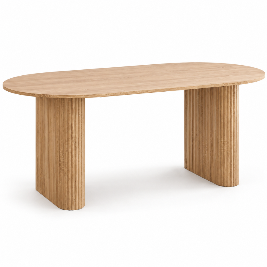 Ovale Eettafel 180 × 90 cm – Lichtbruin Houtlook – Geribbelde Poten – MDF – Scandinavisch Design – Voor 6 tot 8 Personen