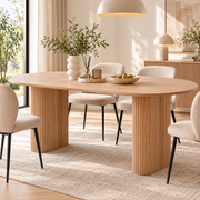 Ovale Eettafel 180 × 90 cm – Lichtbruin Houtlook – Geribbelde Poten – MDF – Scandinavisch Design – Voor 6 tot 8 Personen