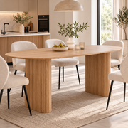 Ovale Eettafel 180 × 90 cm – Lichtbruin Houtlook – Geribbelde Poten – MDF – Scandinavisch Design – Voor 6 tot 8 Personen