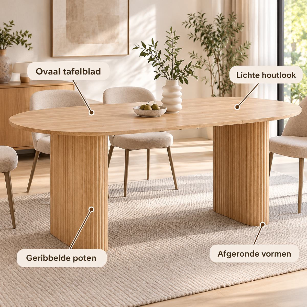 Ovale Eettafel 180 × 90 cm – Lichtbruin Houtlook – Geribbelde Poten – MDF – Scandinavisch Design – Voor 6 tot 8 Personen