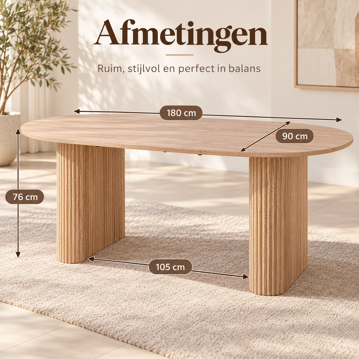 Ovale Eettafel 180 × 90 cm – Lichtbruin Houtlook – Geribbelde Poten – MDF – Scandinavisch Design – Voor 6 tot 8 Personen