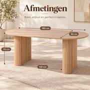 Ovale Eettafel 180 × 90 cm – Lichtbruin Houtlook – Geribbelde Poten – MDF – Scandinavisch Design – Voor 6 tot 8 Personen
