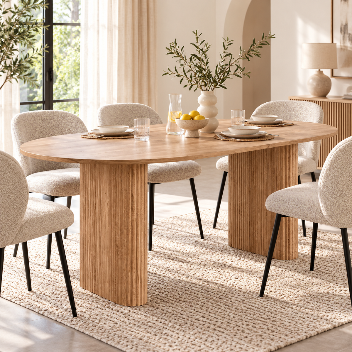 Ovale Eettafel 180 × 90 cm – Lichtbruin Houtlook – Geribbelde Poten – MDF – Scandinavisch Design – Voor 6 tot 8 Personen