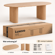 Ovale Eettafel 180 × 90 cm – Lichtbruin Houtlook – Geribbelde Poten – MDF – Scandinavisch Design – Voor 6 tot 8 Personen