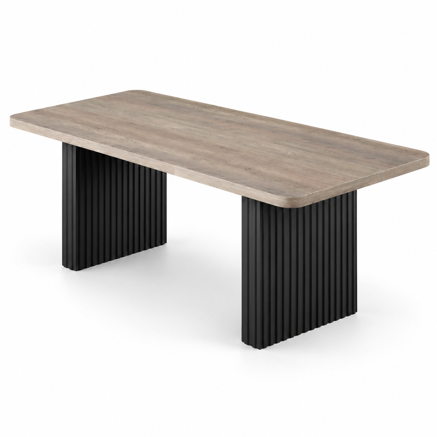 Rechthoekige Eettafel 180 x 80 x 75 cm – Lichtgrijs Grijsbruin Houtdecor – Zwarte Geribbelde Poten – Eettafel voor 6-8 Personen