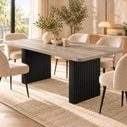 Rechthoekige Eettafel 180 x 80 x 75 cm – Lichtgrijs Grijsbruin Houtdecor – Zwarte Geribbelde Poten – Eettafel voor 6-8 Personen