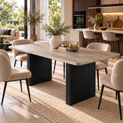 Rechthoekige Eettafel 180 x 80 x 75 cm – Lichtgrijs Grijsbruin Houtdecor – Zwarte Geribbelde Poten – Eettafel voor 6-8 Personen