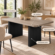 Rechthoekige Eettafel 180 x 80 x 75 cm – Lichtgrijs Grijsbruin Houtdecor – Zwarte Geribbelde Poten – Eettafel voor 6-8 Personen