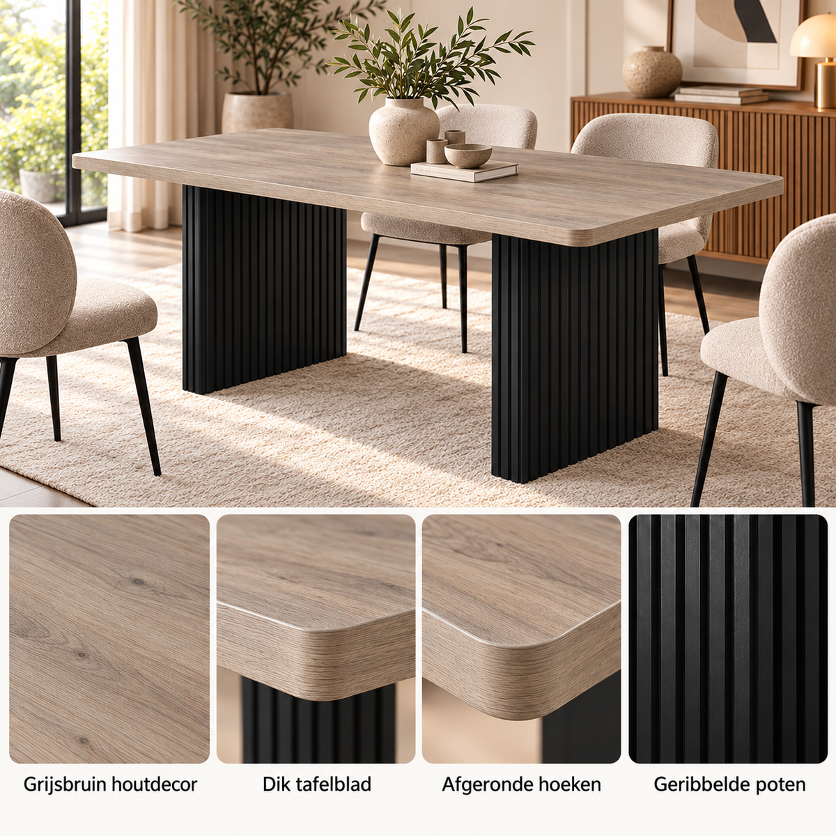 Rechthoekige Eettafel 180 x 80 x 75 cm – Lichtgrijs Grijsbruin Houtdecor – Zwarte Geribbelde Poten – Eettafel voor 6-8 Personen