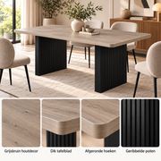 Rechthoekige Eettafel 180 x 80 x 75 cm – Lichtgrijs Grijsbruin Houtdecor – Zwarte Geribbelde Poten – Eettafel voor 6-8 Personen