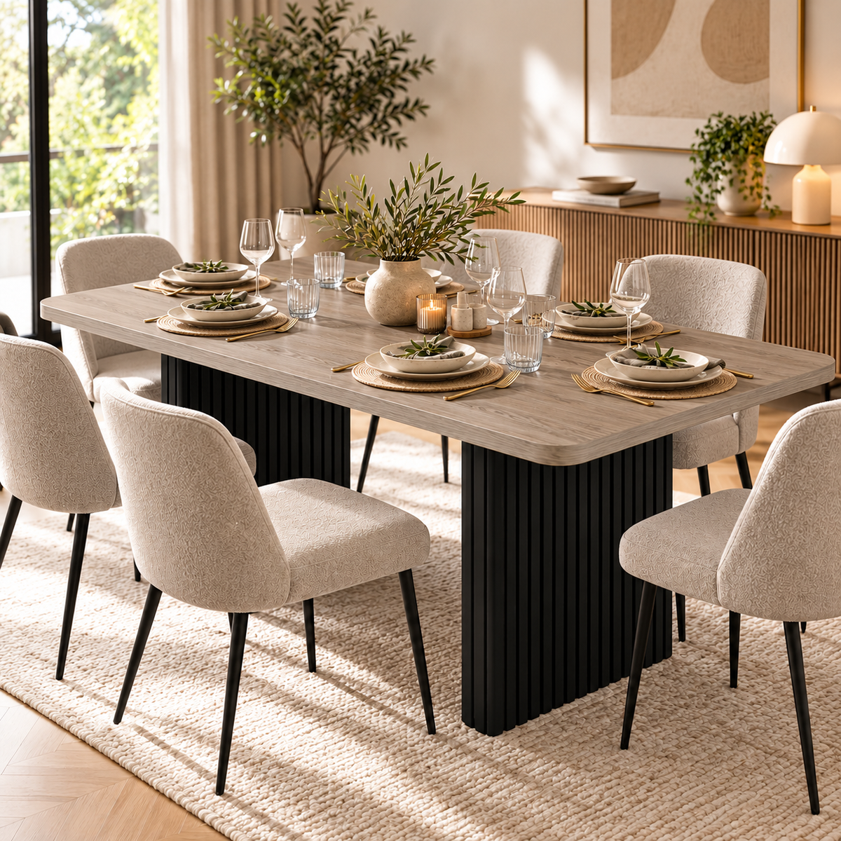 Rechthoekige Eettafel 180 x 80 x 75 cm – Lichtgrijs Grijsbruin Houtdecor – Zwarte Geribbelde Poten – Eettafel voor 6-8 Personen