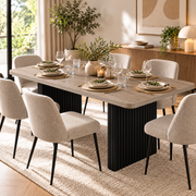 Rechthoekige Eettafel 180 x 80 x 75 cm – Lichtgrijs Grijsbruin Houtdecor – Zwarte Geribbelde Poten – Eettafel voor 6-8 Personen