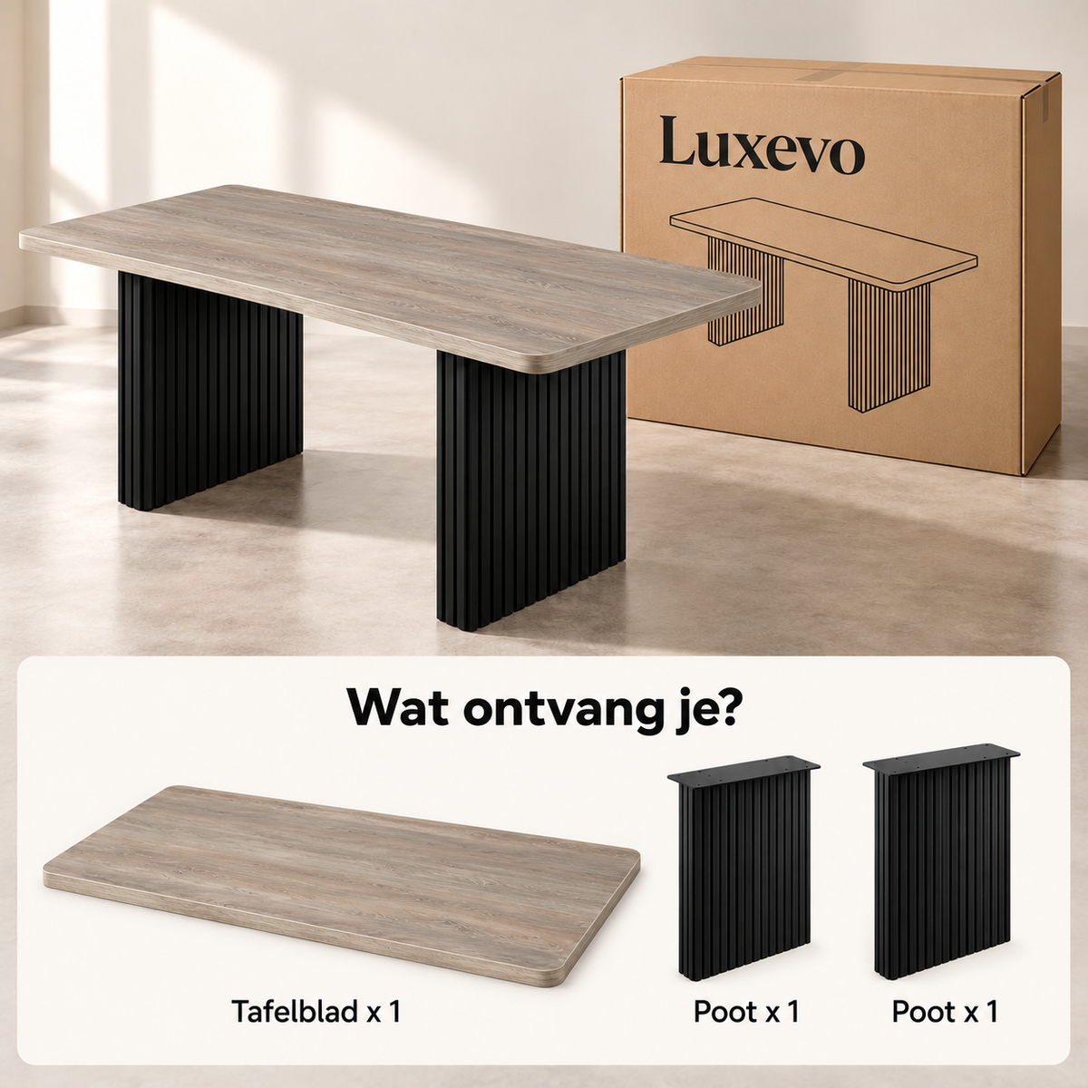 Rechthoekige Eettafel 180 x 80 x 75 cm – Lichtgrijs Grijsbruin Houtdecor – Zwarte Geribbelde Poten – Eettafel voor 6-8 Personen